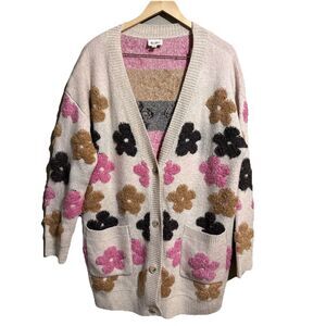Bibi Fuzzy Textured Floral Relaxed Sweater Cardigan - Boho-Size Large